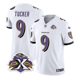 Men Baltimore Ravens #9 Justin Tucker White 2023 F.U.S.E With Patch Throwback Vapor Limited Stitched Jersey