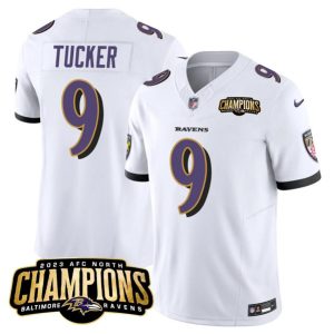 Men Baltimore Ravens #9 Justin Tucker White 2023 F.U.S.E. AFC North Champions Vapor Limited Football Stitched Jersey