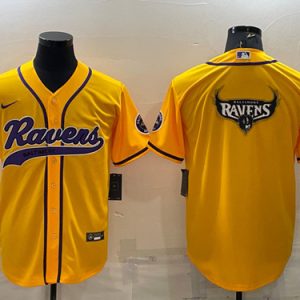 Men Baltimore Ravens Yellow Team Big Logo With Patch Cool Base Stitched Baseball Jersey