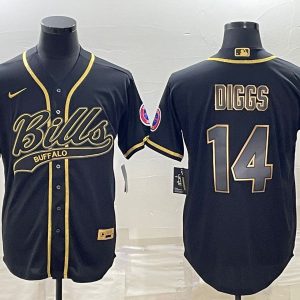 Men Buffalo Bills #14 Stefon Diggs Black Gold With Patch Cool Base Stitched Baseball Jersey