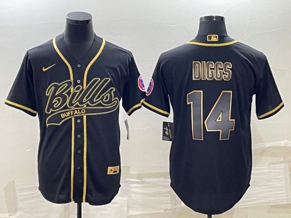 Men Buffalo Bills #14 Stefon Diggs Black Gold With Patch Cool Base Stitched Baseball Jersey