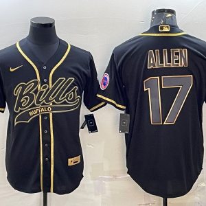 Men Buffalo Bills #17 Josh Allen Black Gold Edition With Patch Cool Base Stitched Baseball Jersey