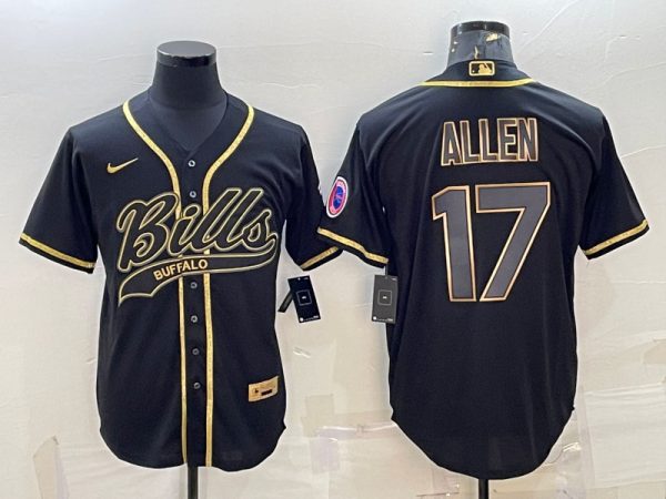 Men Buffalo Bills #17 Josh Allen Black Gold Edition With Patch Cool Base Stitched Baseball Jersey