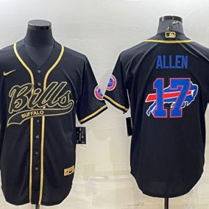 Men Buffalo Bills #17 Josh Allen Black Gold Team Big Logo With Patch Cool Base Stitched Baseball Jersey