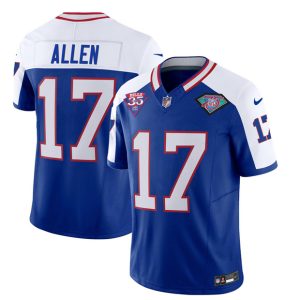 Men Buffalo Bills #17 Josh Allen Blue/White 2023 F.U.S.E. 75th Anniversary Throwback Vapor Untouchable Limited Football Stitched Jersey