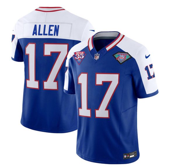 Men Buffalo Bills #17 Josh Allen Blue/White 2023 F.U.S.E. 75th Anniversary Throwback Vapor Untouchable Limited Football Stitched Jersey