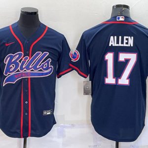 Men Buffalo Bills #17 Josh Allen Navy With Patch Cool Base Stitched Baseball Jersey