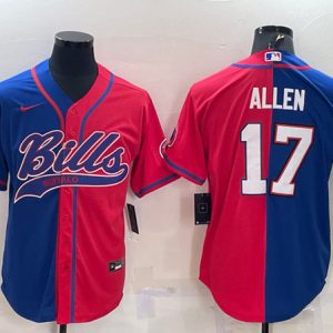 Men Buffalo Bills #17 Josh Allen Royal/Red Split With Patch Cool Base Stitched Baseball Jersey