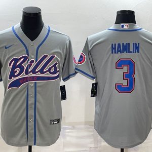 Men Buffalo Bills #3 Damar Hamlin Gray With Patch Cool Base Stitched Baseball Jersey