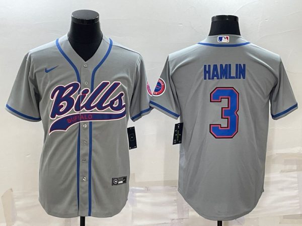 Men Buffalo Bills #3 Damar Hamlin Gray With Patch Cool Base Stitched Baseball Jersey