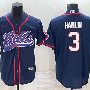 Men Buffalo Bills #3 Damar Hamlin Navy With Patch Cool Base Stitched Baseball Jersey