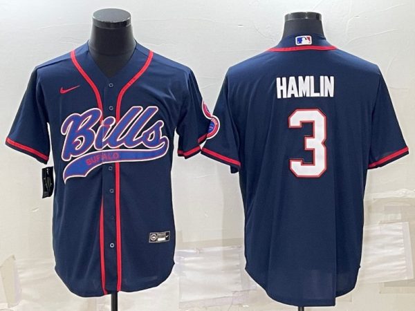 Men Buffalo Bills #3 Damar Hamlin Navy With Patch Cool Base Stitched Baseball Jersey