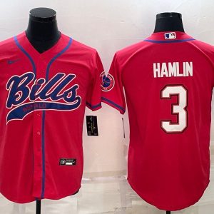 Men Buffalo Bills #3 Damar Hamlin Red With Patch Cool Base Stitched Baseball Jersey