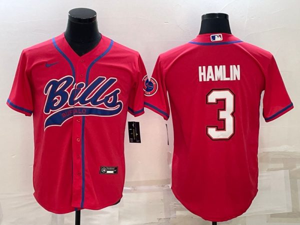 Men Buffalo Bills #3 Damar Hamlin Red With Patch Cool Base Stitched Baseball Jersey