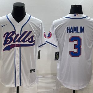 Men Buffalo Bills #3 Damar Hamlin White With Patch Cool Base Stitched Baseball Jersey