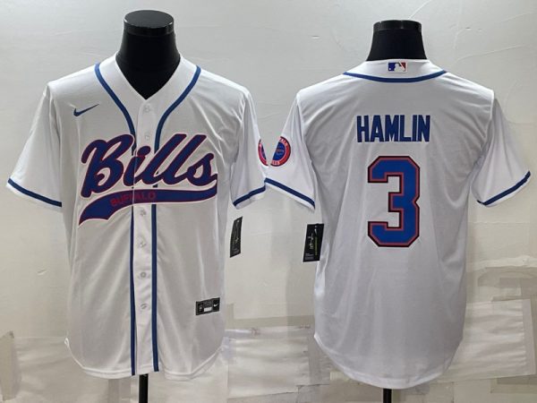 Men Buffalo Bills #3 Damar Hamlin White With Patch Cool Base Stitched Baseball Jersey