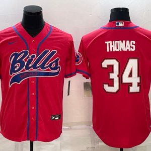 Men Buffalo Bills #34 Thurman Thomas Red With Patch Cool Base Stitched Baseball Jersey