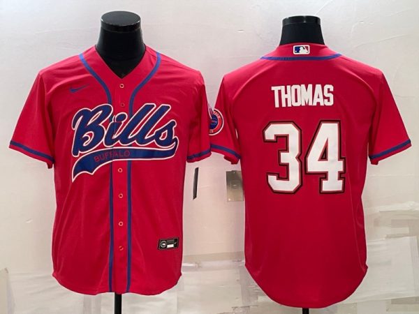 Men Buffalo Bills #34 Thurman Thomas Red With Patch Cool Base Stitched Baseball Jersey