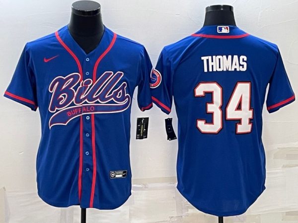 Men Buffalo Bills #34 Thurman Thomas Royal With Patch Cool Base Stitched Baseball Jersey