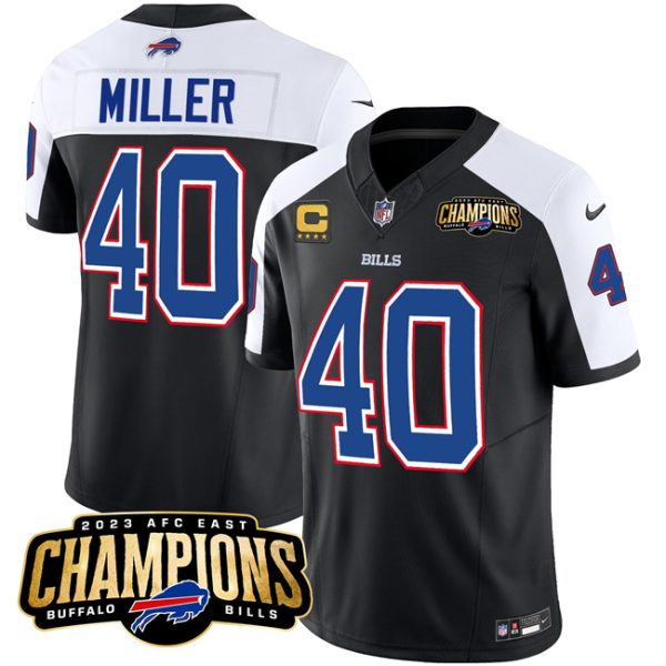 Men Buffalo Bills #40 Von Miller Black/White 2023 F.U.S.E. AFC East Champions With 4-star C Ptach Football Stitched Jersey