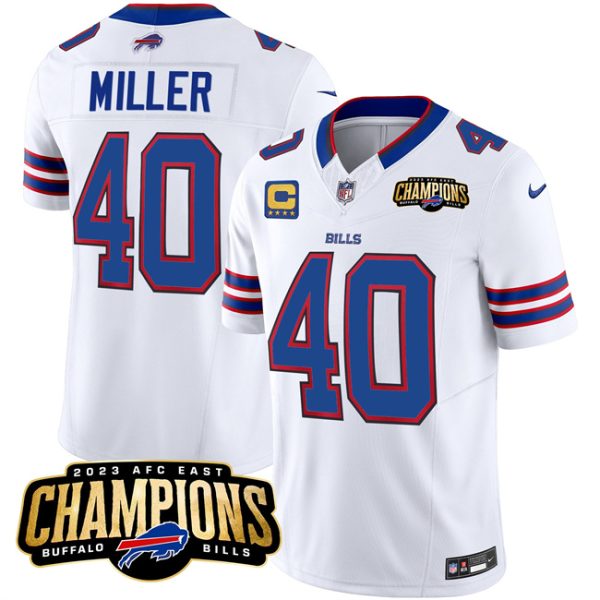 Men Buffalo Bills #40 Von Miller White 2023 F.U.S.E. AFC East Champions With 4-star C Ptach Football Stitched Jersey