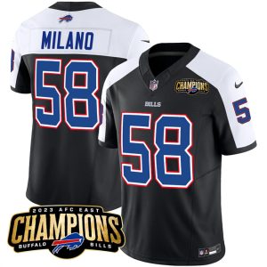 Men Buffalo Bills #58 Matt Milano Black/White 2023 F.U.S.E. AFC East Champions With 4-star C Ptach Football Stitched Jersey