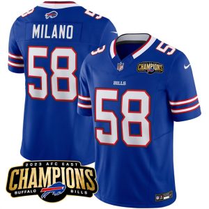 Men Buffalo Bills #58 Matt Milano Blue 2023 F.U.S.E. AFC East Champions Ptach Football Stitched Jersey