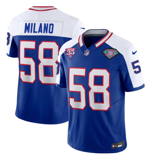 Men Buffalo Bills #58 Matt Milano Blue/White 2023 F.U.S.E. 75th Anniversary Throwback Vapor Untouchable Limited Football Stitched Jersey