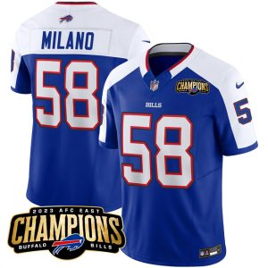 Men Buffalo Bills #58 Matt Milano Blue/White 2023 F.U.S.E. AFC East Champions With 4-star C Ptach Football Stitched Jersey