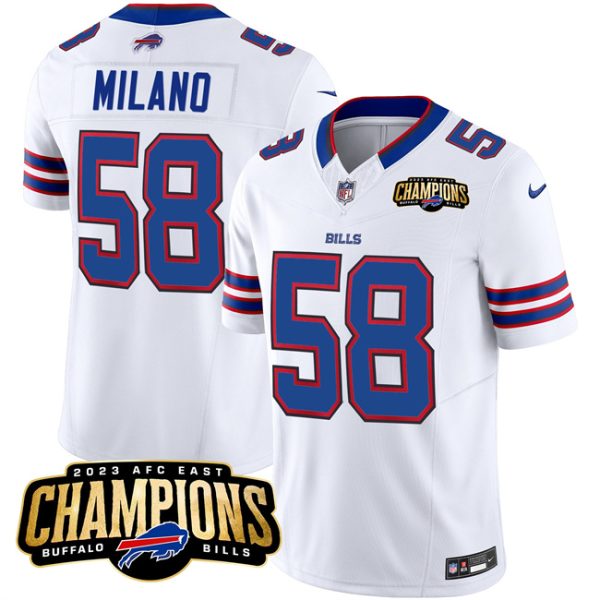 Men Buffalo Bills #58 Matt Milano White 2023 F.U.S.E. AFC East Champions Ptach Football Stitched Jersey