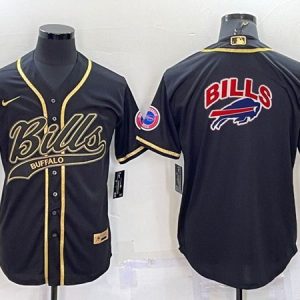 Men Buffalo Bills Black Team Big Logo With Patch Cool Base Stitched Baseball Jersey