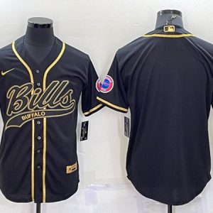 Men Buffalo Bills Blank Black Gold With Patch Cool Base Stitched Baseball Jersey