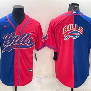 Men Buffalo Bills Blank Royal/Red Split Team Big Logo With Patch Cool Base Stitched Baseball Jersey