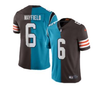 Men Carolina Panthers & Cleveland Browns #6 Baker Mayfield Splite Blue&Brown Vapor Untouchable Limited Stitched Jersey