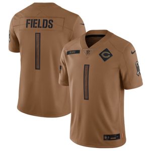 Men Chicago Bears #1 Justin Fields 2023 Brown Salute To Service Limited Football Stitched Jersey