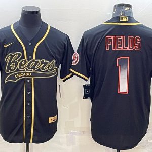 Men Chicago Bears #1 Justin Fields Black Gold With Patch Cool Base Stitched Baseball Jersey