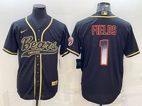 Men Chicago Bears #1 Justin Fields Black Gold With Patch Cool Base Stitched Baseball Jersey