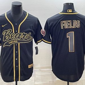 Men Chicago Bears #1 Justin Fields Black Gold With Patch Cool Base Stitched Baseball Jersey