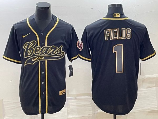 Men Chicago Bears #1 Justin Fields Black Gold With Patch Cool Base Stitched Baseball Jersey