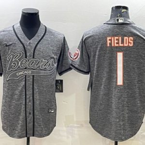 Men Chicago Bears #1 Justin Fields Gray With Patch Cool Base Stitched Baseball Jersey