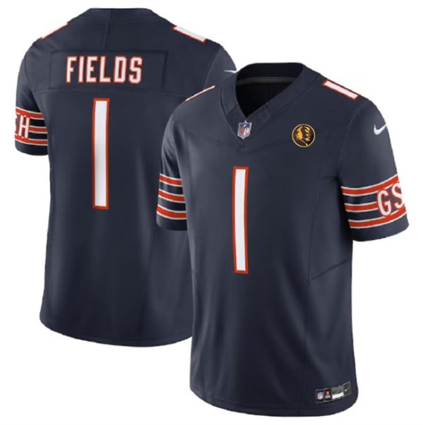 Men Chicago Bears #1 Justin Fields Navy 2023 F.U.S.E. With John Madden Patch Vapor Limited Football Stitched Jersey