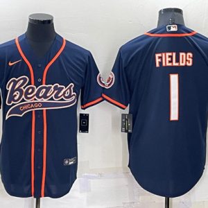 Men Chicago Bears #1 Justin Fields Navy Cool Base Stitched Baseball Jersey