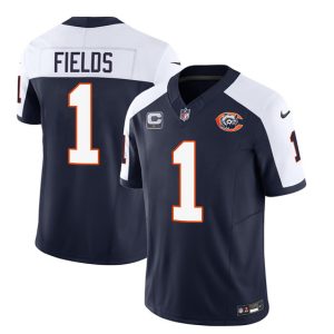 Men Chicago Bears #1 Justin Fields Navy/White 2023 F.U.S.E. With 1-star C PatchThrowback Limited Football Stitched Game Jersey