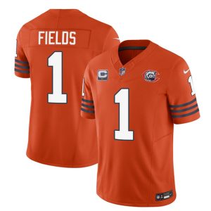 Men Chicago Bears #1 Justin Fields Orange 2023 F.U.S.E. With 1-star C Patch Throwback Limited Football Stitched Game Jersey