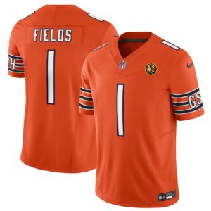 Men Chicago Bears #1 Justin Fields Orange 2023 F.U.S.E. With John Madden Patch Vapor Limited Football Stitched Jersey