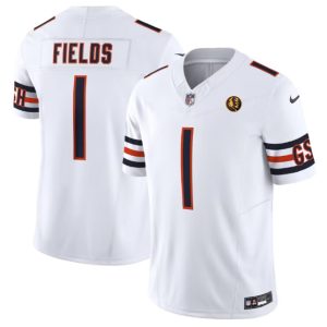 Men Chicago Bears #1 Justin Fields White 2023 F.U.S.E. With John Madden Patch Vapor Limited Football Stitched Jersey