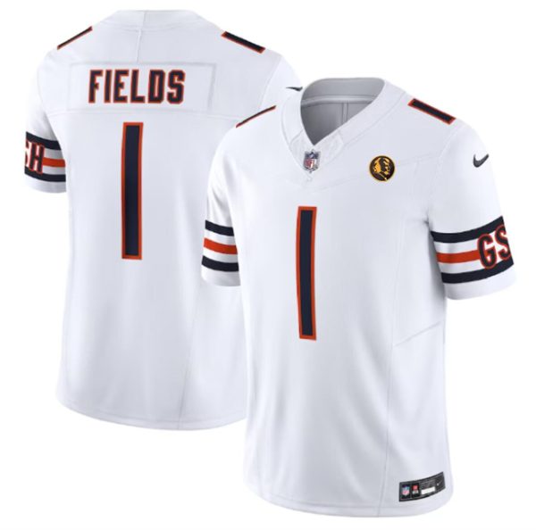 Men Chicago Bears #1 Justin Fields White 2023 F.U.S.E. With John Madden Patch Vapor Limited Football Stitched Jersey