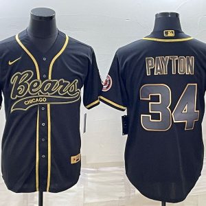 Men Chicago Bears #34 Walter Payton Black Gold With Patch Cool Base Stitched Baseball Jersey