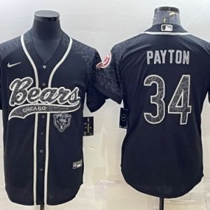 Men Chicago Bears #34 Walter Payton Black Reflective With Patch Cool Base Stitched Baseball Jersey