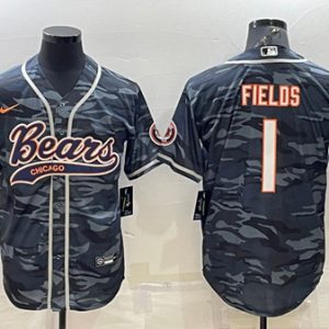 Men Chicago Bears Blank #1 Justin Fields Gray Camo With Patch Cool Base Stitched Baseball Jersey